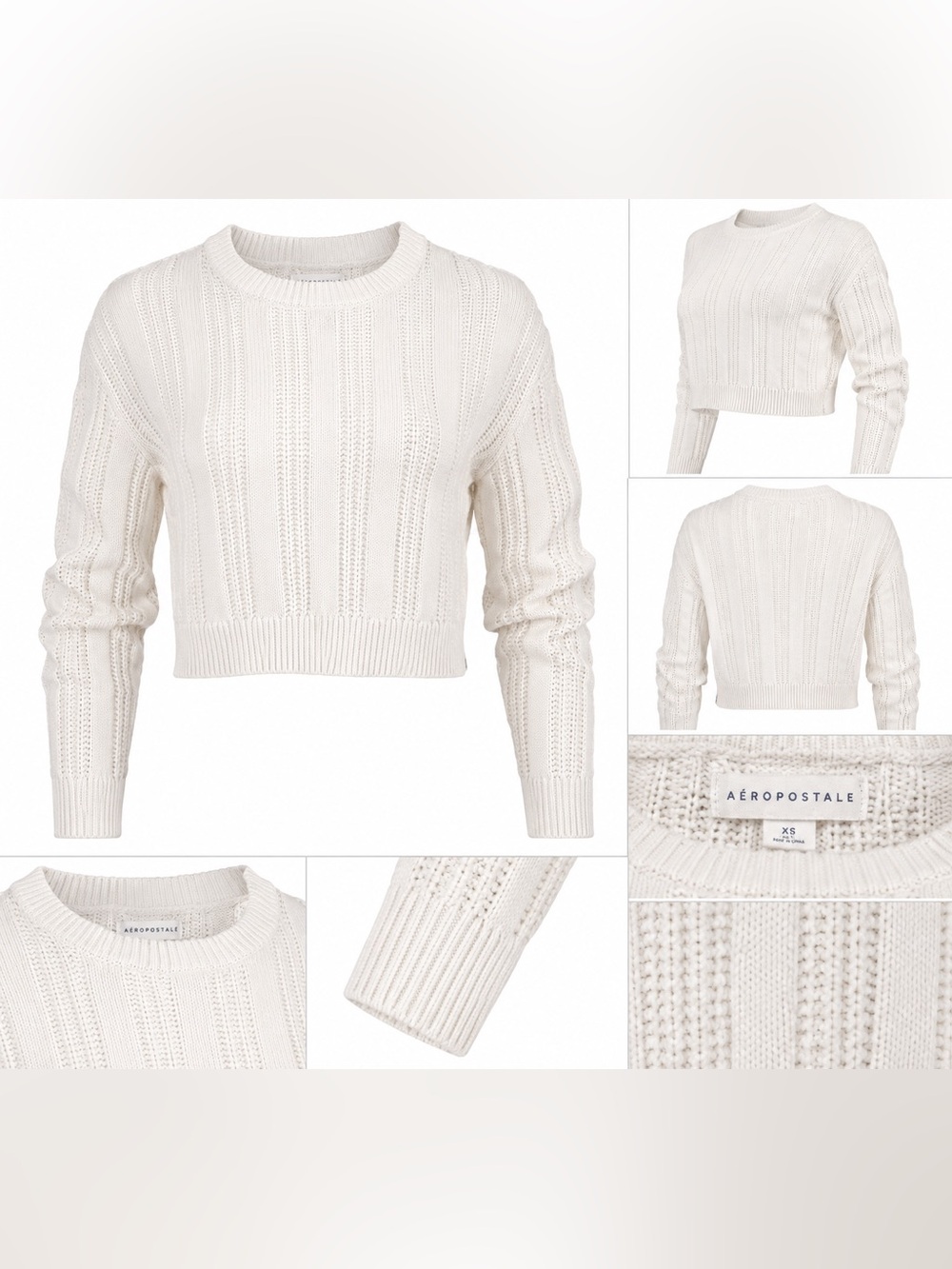Aeropostale Women’s XS Cream Ivory Cropped Knit Sweater Long Sleeve Crewneck